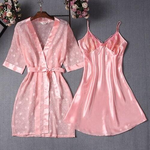 2021 Spring Summer New Sexy Sling Nightgown Ice Lace Bathrobe Robe Womens Nightdress Suit 2Pcs Sets Home Wear Femme Sleepwear