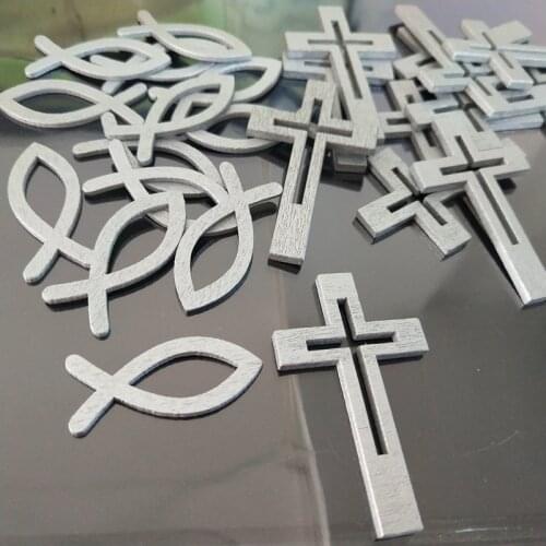 30pcs Silver Wood Fish Cross Pendants Mini Crosses, Cross Charms for Religious Party Favors, Sunday School DIY Craft
