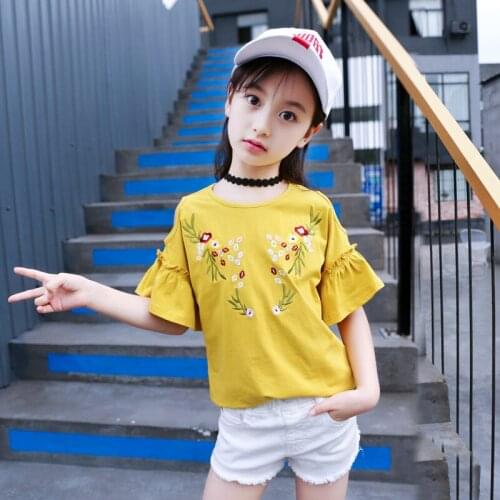 2019 Top T-shirt for Girls Flower Embroidery Cotton Off Shoulder Shirts Toddler Summer Outfits Clothes for Girls 6 8 10 12 Years