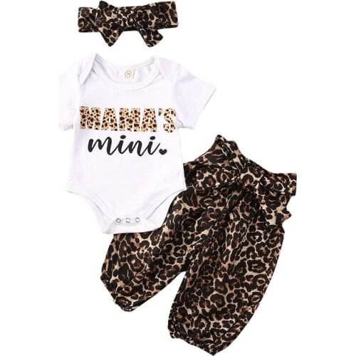 Newborn Baby Girls Clothes Sets Short Sleeve Mama Letter Print Rompers+Leopard Pants Shorts+Headband 3PCS Summer Outfit