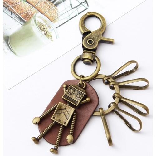 Leather Keychain Bronze Antient Stainless Steel Metal Robot Pendant Keyring брелок Car Men Women Bag Jewelry Accessories