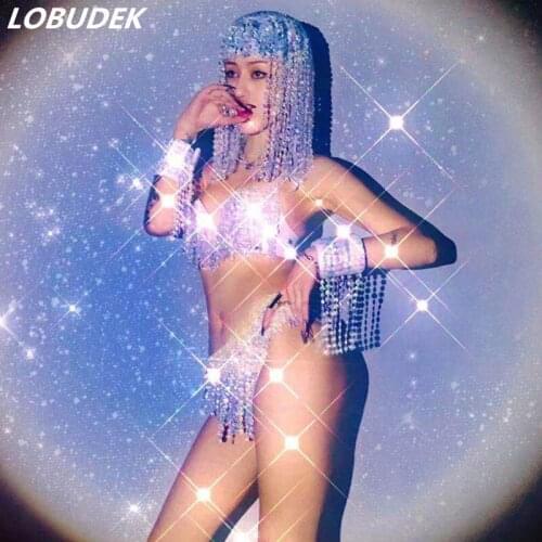 Bar Nightclub Sexy Women Dance Costume Beading Wig Bikini Outfit DJ Dancer Team Party Show Pole Dancing Outfit Tassel Stage Wear