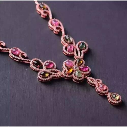 Natural multicolor tourmaline Necklace Natural Gemstone Pendant Necklace 925 sliver trendy Luxury Flowers women party Jewelry