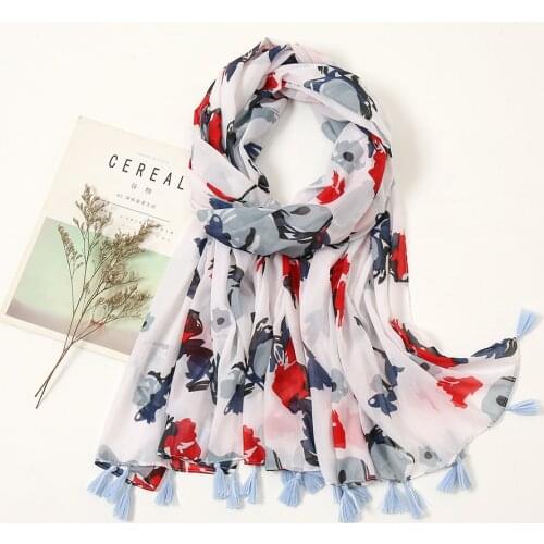 2021 New Fashion Cotton Scarf Printed Beach Hijab Floral Tassel Shawls Wraps Women Scarves Summer Neckerchief Bandana Headband