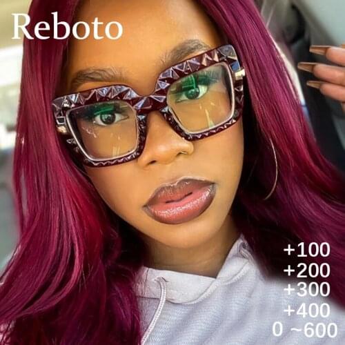 Red Oversized Square Anti Blue Light Reading Glasses Vintage Clear Prescription Glasses Women Fashion Magnifying Eyeglasses +1