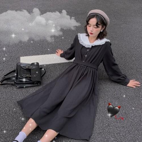 Kawaii Black High Waist Dress Goth Lolita Japanese Preppy Style Korean Streetwear Women College Style Gothic Clothes A-line Cute