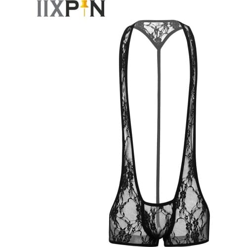 Sexy Men Undershirts Underwear Lace Open Butt Wrestling Singlet Leotard Male See Through One-Piece Jumpsuit Bodysuirts Jockstrap