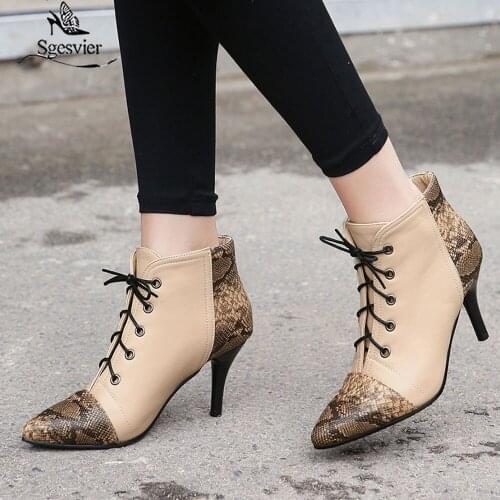 Sgesvier 2020 Fashion Mixed Color Snakeskin PU Leather Ankle Boots Sexy Pointed Toe Thin High Heel Lace Up Women Shoes G680