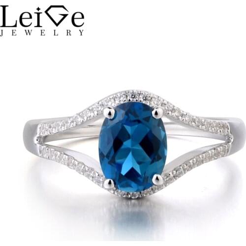 Leige Jewelry London Blue Topaz Solid 925 Sterling Silver Ring Gemstone November Birthstone Oval Cut Engagement Rings for Women