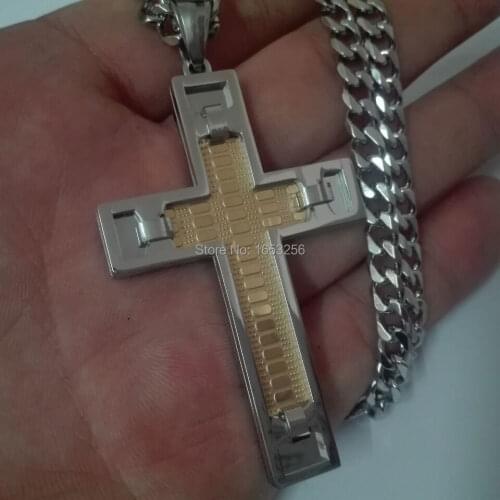 High Quality Stainless Steel Large Gold Religious Cross Pendant Necklace + 5mm 24'' Curb Chain For Men Sport Jewelry