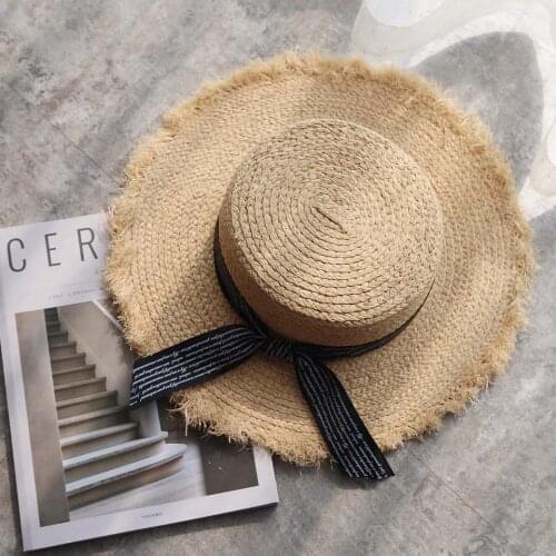 Handmade Raffia Sun Hats For Women Summer Women Outdoors Sunshade Straw Hat Beach Hat Foldable Hat with 6 Colors Letter Ribbon