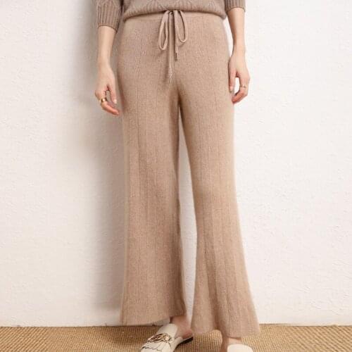 Women Pants 2021 New Autumn and Winter Soft Comfortable High-Waist 100% Cashmere Knitted Pants Female Casual Wide Leg Pants