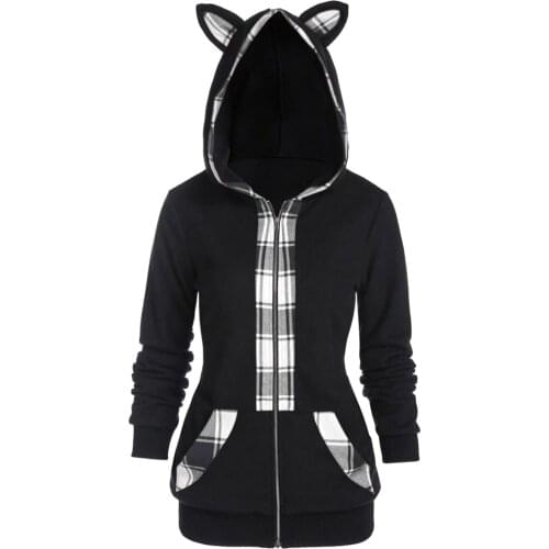 40#Harajuku Women Thick Hoodies Long Sleeve Colorblock Animal Ear Pocket Hooded Fleece Warm Soft Full Pocket Hoodie Sweatshirt
