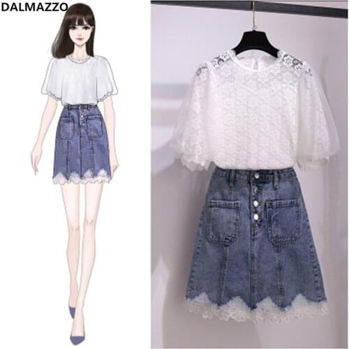 High Quality Fashion Womens Denim Skirt Suits Clothes Puff Short Sleeve Lace Tops + Mini Skirt 2 Pieces Sets Conjuntos Feminino