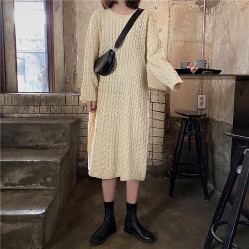 Women Spring Round Collar Long Sleeve Twist Long Sweater Dress Female Pullover Casual Knitted Loose Jumper Dress Plus Size