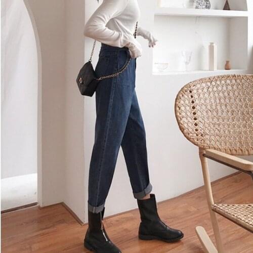 Autumn New Women High Waist Denim Harem Pants High Street Slim College Jeans Fashion Design Blue Black Denim Trousers Female
