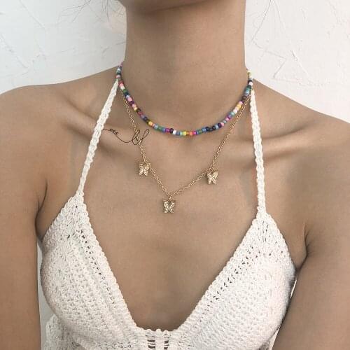 Multilayer Bead Chains Butterfly Short Pendant Necklace Fashion Bohemian Simple Gold Chains Choker For Women Beach Gift Jewelry