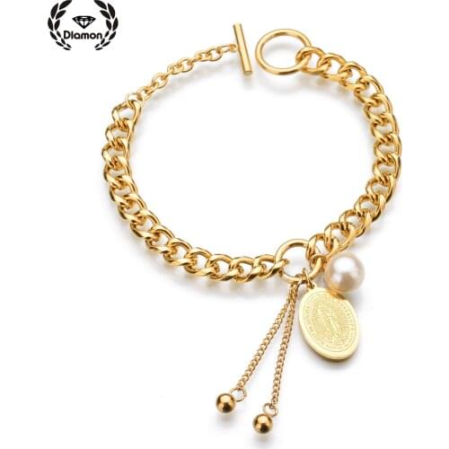 Diamon Bracelet for Women Charm Adjustable White Pearl Bead Stainless Steel Virginr Maria Birthday Christmas Bangle Jewelry Gift