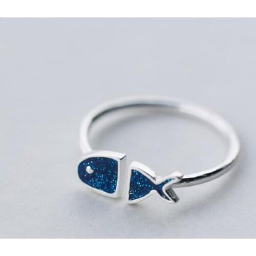 Blue Fish Cute Simple Gift 925 Sterling Silver Temperament Personality Fashion Female Trendy Resizable Opening Rings SRI039