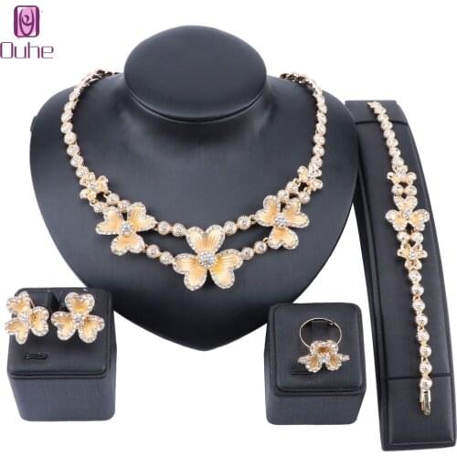 African Dubai Gold Color Flower Crystal Jewelry Set Nigerian Bridal Bead Wedding Costume Necklace Jewelry Set