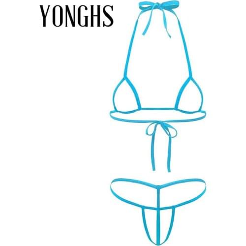 2Pcs Womens Erotic Micro Hollow Out Bikini Lingerie Set Halter Neck Self-tie Hot Bra Top with G-String Briefs Sexy Underwear Set