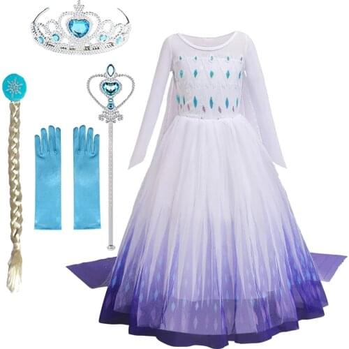 Birthday Party Costume for Girls Princess Dress Elsa 2 White Sequined Mesh Ball Gown Kids Snow Queen Cosplay Carnival Clothing