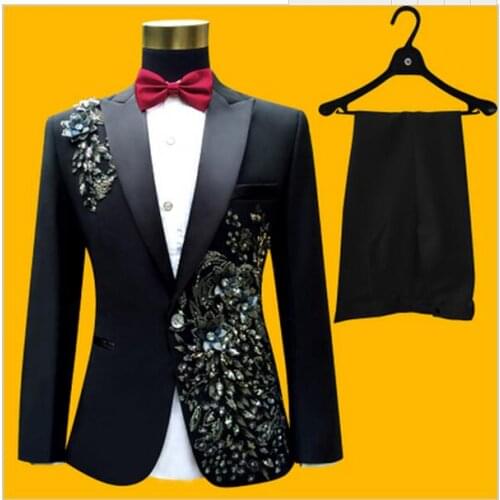 Latest Coat Pant Design Black Pattern Rhinestone Men Suit Costume Stage Slim Fit 2 Piece Prom Tuxedo Suits Custom Blazer Terno