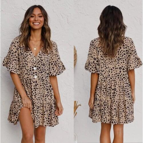 Summer Fashion Womens Dress Sexy V-neck Short Sleeve Ruffled Leopard Print Dress Sexy Nightclub Wild Little Leopard