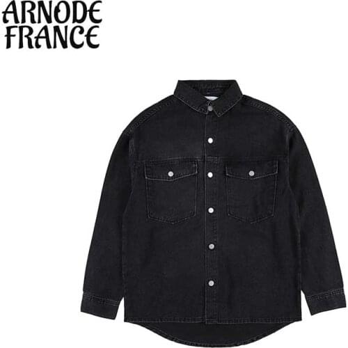 Men Harajuku Solid Color Denim Shirts Vintage Turn Down Collar Long Sleeve Shirt Women Loose Blouse Korean Style Clothing