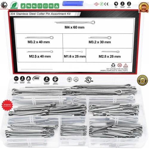 304 Stainless Steel Cotter Pin Assortment Kit,Cotter Pin Clip Key Fastener Fitting,for Automotive,Car Garage, Power Equipment