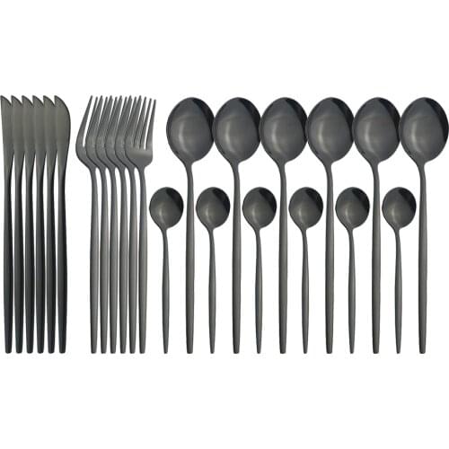 24pcs Black Dinnerware Cutlery Set Mirror Stainless Steel Tableware Set Knife Forks Spoons Flatware Set Party Kitchen Silverware