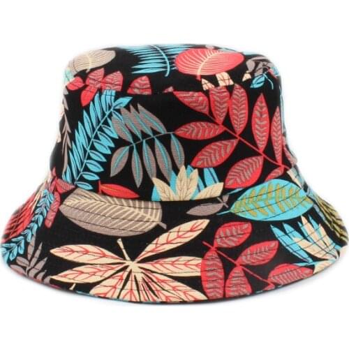 2021 New Double-sided Bucket Hat For Women Fashion Cotton Beach Sun Hats Femme Printed Leaf Cotton Basin Hats Unisex Outdoor Cap