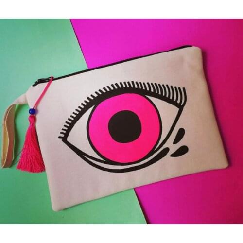 Hand-painting Linen Design Pink Evil Eye Eye Summer Beach Women Teenager Girls Accessory Clutch Makeup Bag Wallet