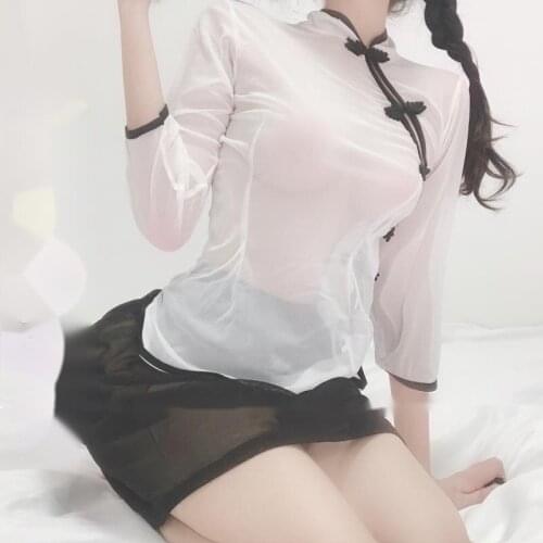 Republic China Students Sweet Uniform Temptation Sexy Cute Lingerie Hot Retro Cheongsam Perspective Pangu Buttons Set New S655