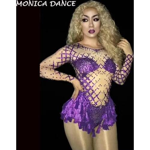 Sexy Stage Purple Crystals Long Sleeve Tassel Bodysuit Outfit Party Costumes Stage Wear Dance Nightclub Costumes Singer Bodysuit