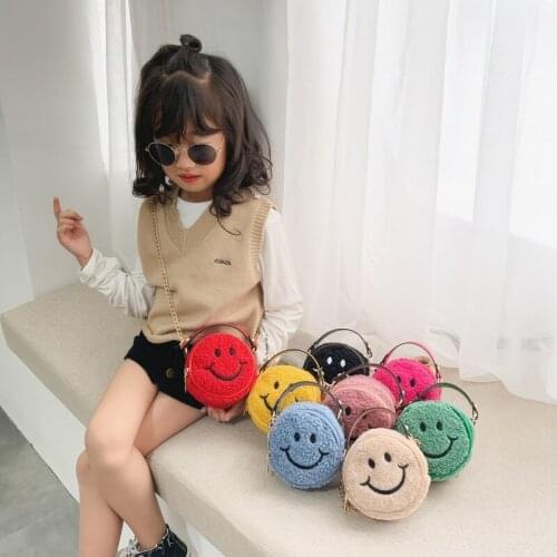 Raged Sheep Lovely Girls Kindergarten Shoulder Messenger Bags Princess Handbag Children Plush Smiley Small Round Bag Kids Purse