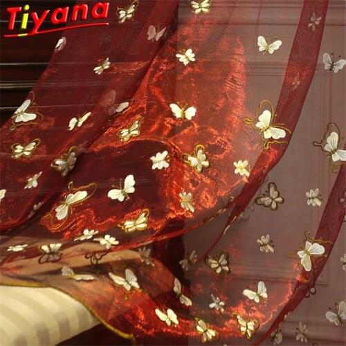 Butterfly Embroidered Tulle for Living Room Red Voile Sheer Tulle Insect Windwo Drapes for Bedroom X-HM364#30