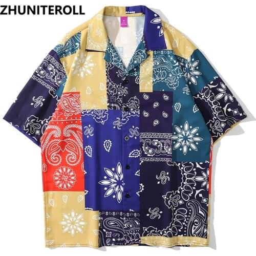 Patchwork Paisley Print Hawaiian Beach Shirts Hip Hop Button Shirt Mens Fashion Short Sleeve Teachwear Holiday Party Blouse Tops