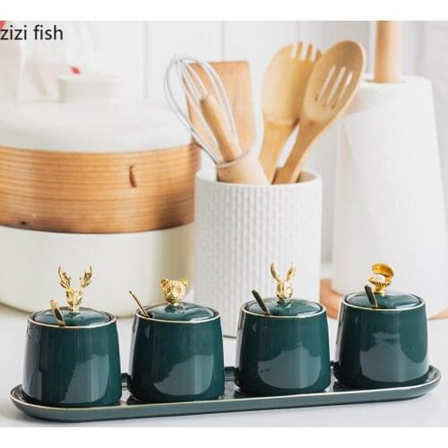 Green Ceramics Spice Jar with Animal Head Cover Tray Kitchen Supplies Seasoning Bottle Four-piece Suit Seasoning Box Combination