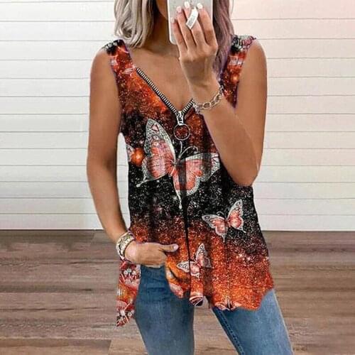 Butterfly Print Women Tank Tops Fashion Zipper V-Neck Sexy Loose T-Shirt Vest Summer Sleeveless Tops Female