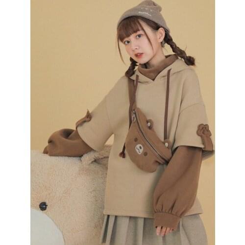 Mori female Japanese tribe fake two-piece loose stitching top cute bear with bag student Harajuku jacket female winter