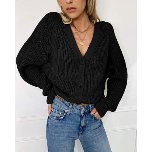 2020 Autumn New Knit Cardigan Casual Solid Color V-neck Lantern Sleeves Loose Tops Women Button Coat Female Em