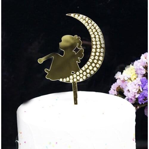 Gold Baby Girl Happy Birthday Cake Topper Cute Gilr Moon Wedding Cupcake Topper For Baby Shower Birthday Party Cake Decorations