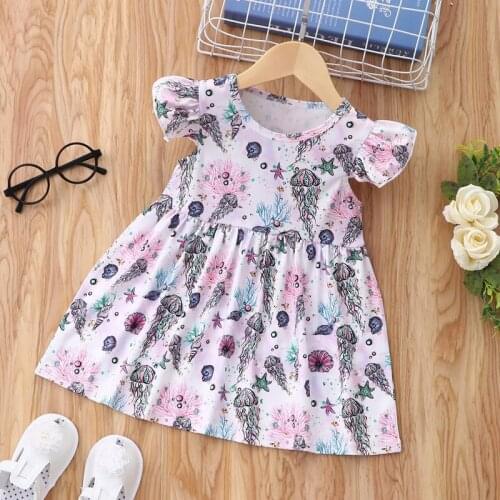 2021 Summer Baby Girl Dress Newborn Baby Dress Cotton Conch Starfish Print Flying Sleeve Girls Dresses Casual Baby Clothes 0-18M