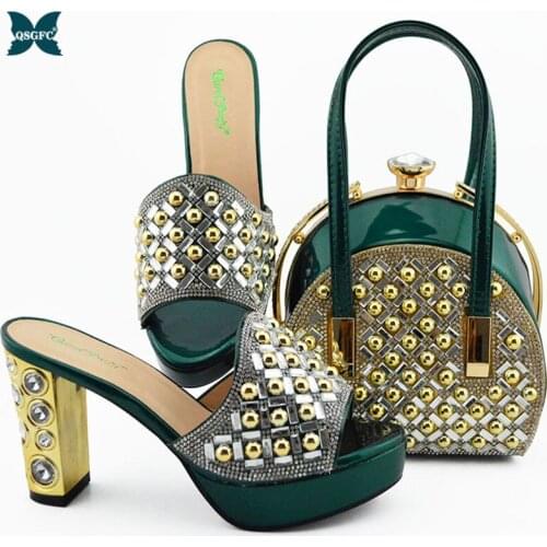 2021 African Hot Selling Italian Design Nigerian Fashion D.Green Color Party Wedding Women Shoes and Bag Set With Platform