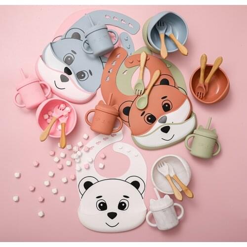 5pc/set Baby Feeding Tableware B PA Free Food Grade Silicone Bowl Bib Placemat Fork Spoon Feeding Cup Set Baby Supplies for Kids