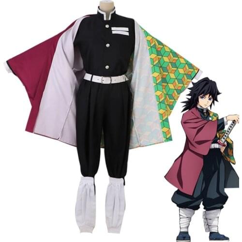 Anime Demon Slayer Kimetsu No Yaiba Tomioka Giyuu Cosplay Costume Mens Kimono Uniform Outfit Halloween Party Sets Wigs CS008