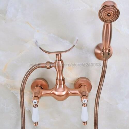 Antique Red Copper Bath Faucets Wall Mounted Bathroom Basin Mixer Tap Crane With Hand Shower Head Bath & Shower Faucet Kna356