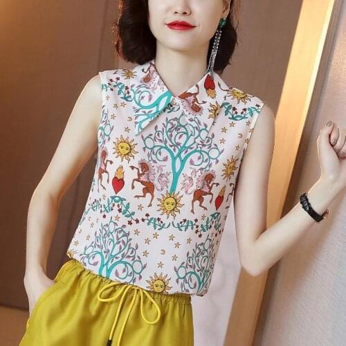 Womens Spring Summer Style Chiffon Blouses Shirt Womens Printed Turn-down Collar Sleeveless Korean Slim Tops DD8668