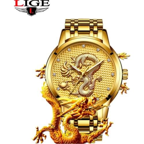 LIGE New Men Watches Top Brand Luxury Gold Dragon Sculpture Quartz Watch Men Full Steel Waterproof Wristwatch Relogio Masculino